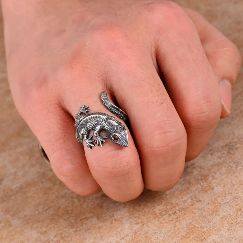

Buyee 925 Sterling Silver Male Unique Ring Finger Cute Lizard Animal Open Ring for Men Fashion Fine Jewelry Circle Gift