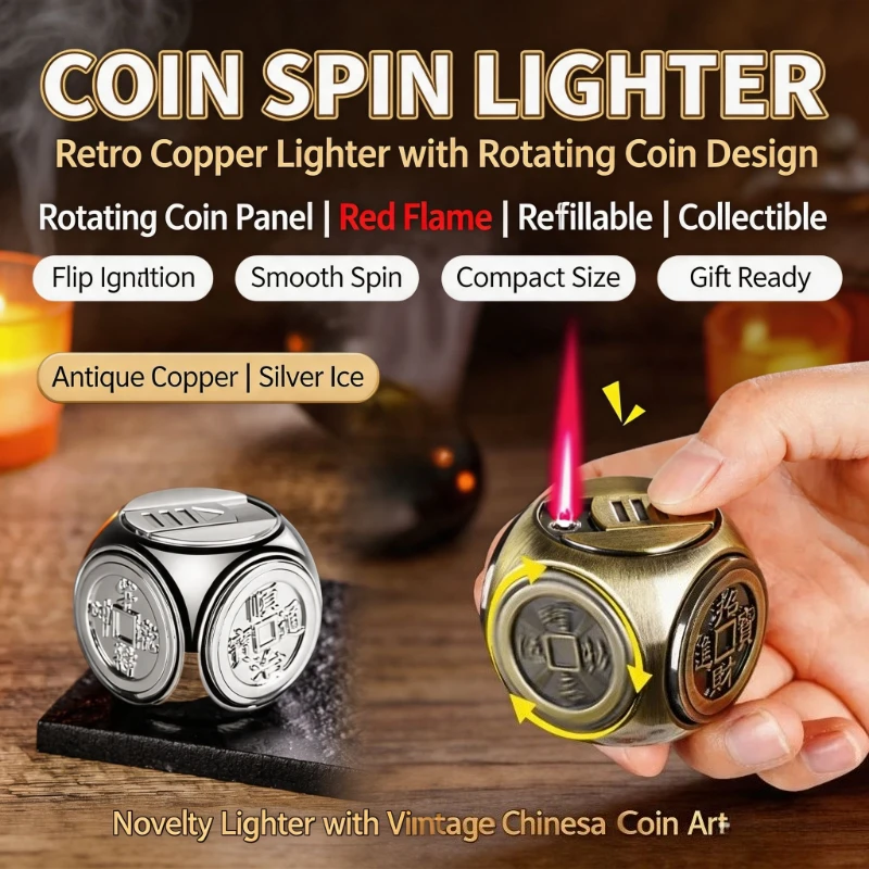 Creative 4-Sided Rotating Gyro Butane Lighter Metal Windproof Jet Flame Desktop Ornament Fidget Office Decor Gift for Men