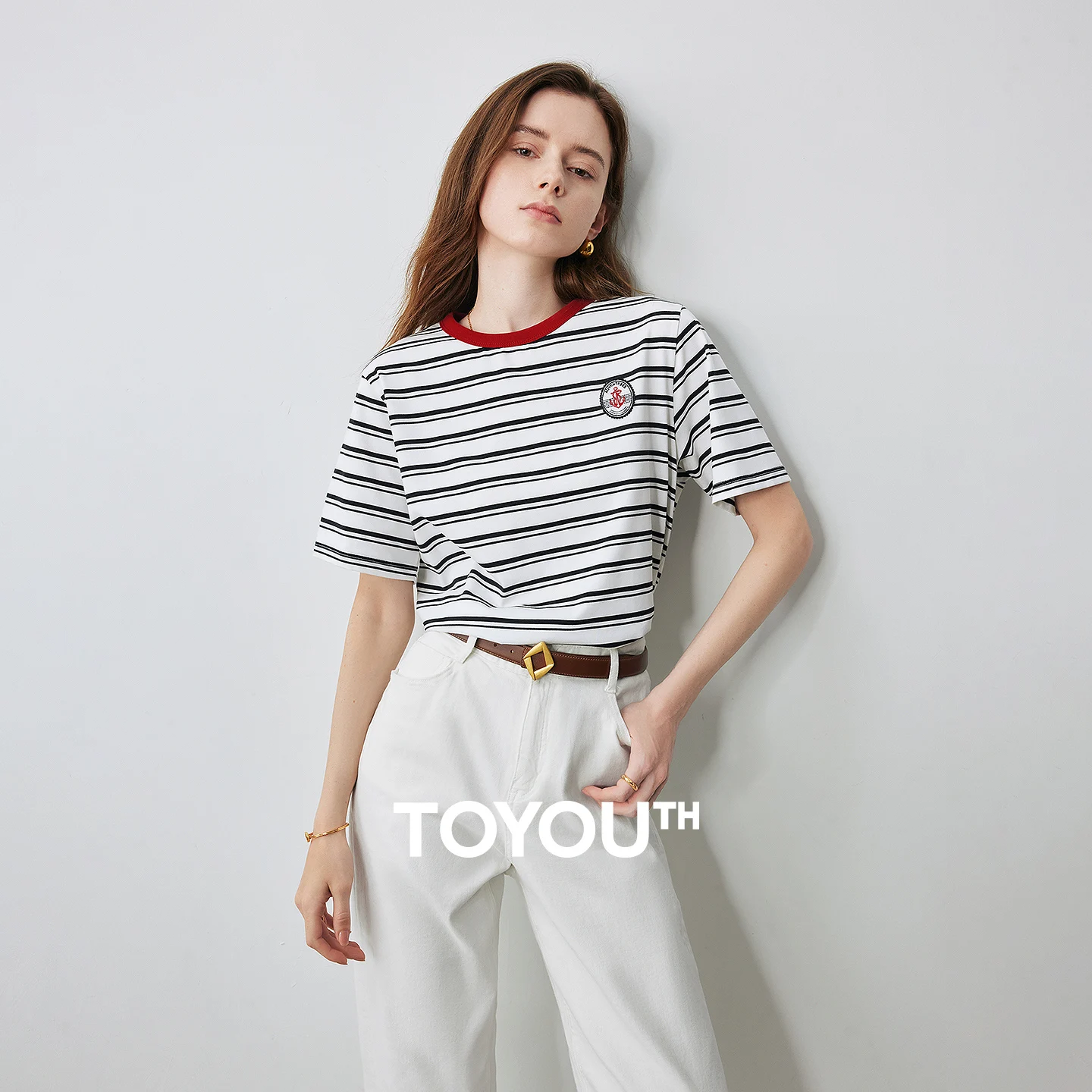 

TOYOUTH Women T Shirts 2026 Summer New Striped Short Sleeve Age Reducing College Style Crew Neck Tops