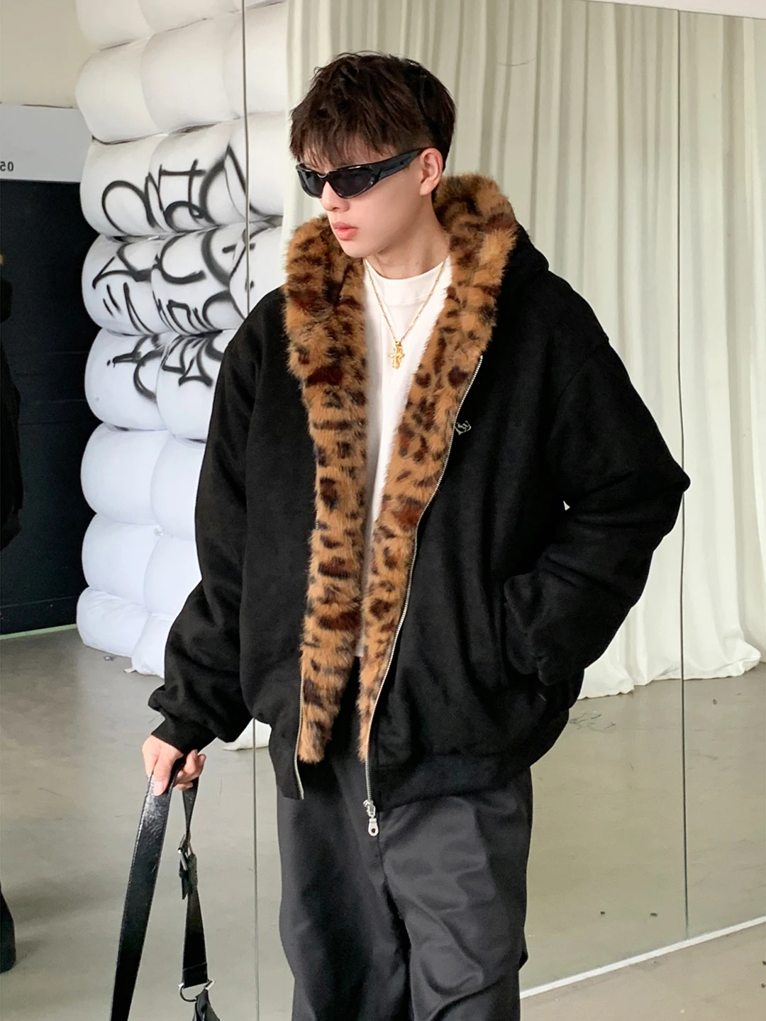 

Bla Leopard Print Hooded Suede Jaet Men's Winter Thiened Warm Cotton Coat Cool Casual Outerwear Youth Stand Fit Zipper