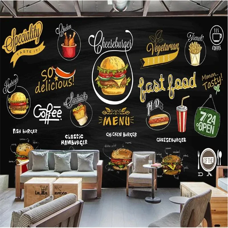 Custom Mural Wallpaper 3D Hand-painted Blackboard Western Restaurant Pizza Hamburger Fast Food Shop Background Wall Paper 3D