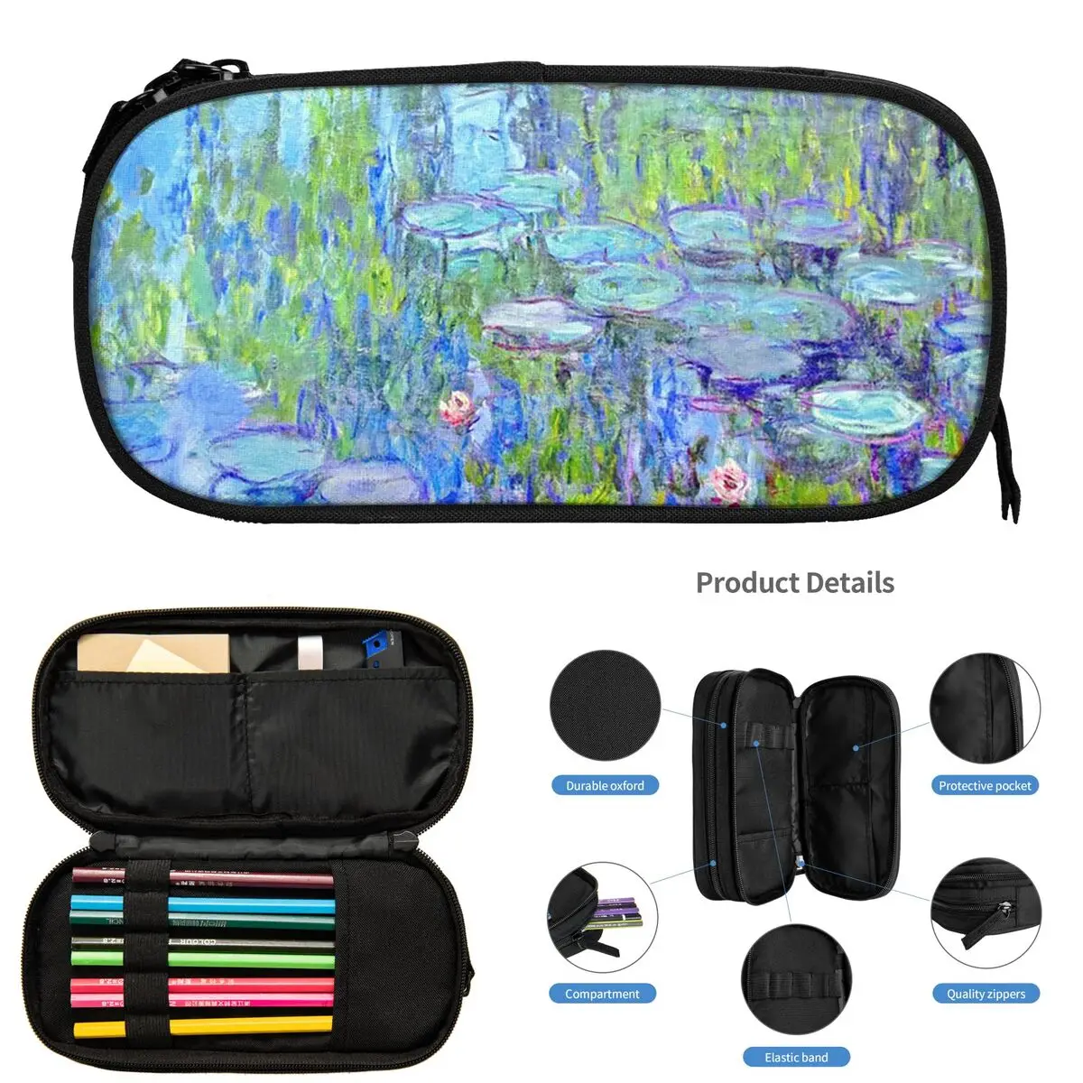 

Женские длинные водяные лилии Claude Monet, пеналы для студентов, школьная коробка для ручек, сумка для карандашей, большая вместительная сумка для карандашей, держатель для ручек