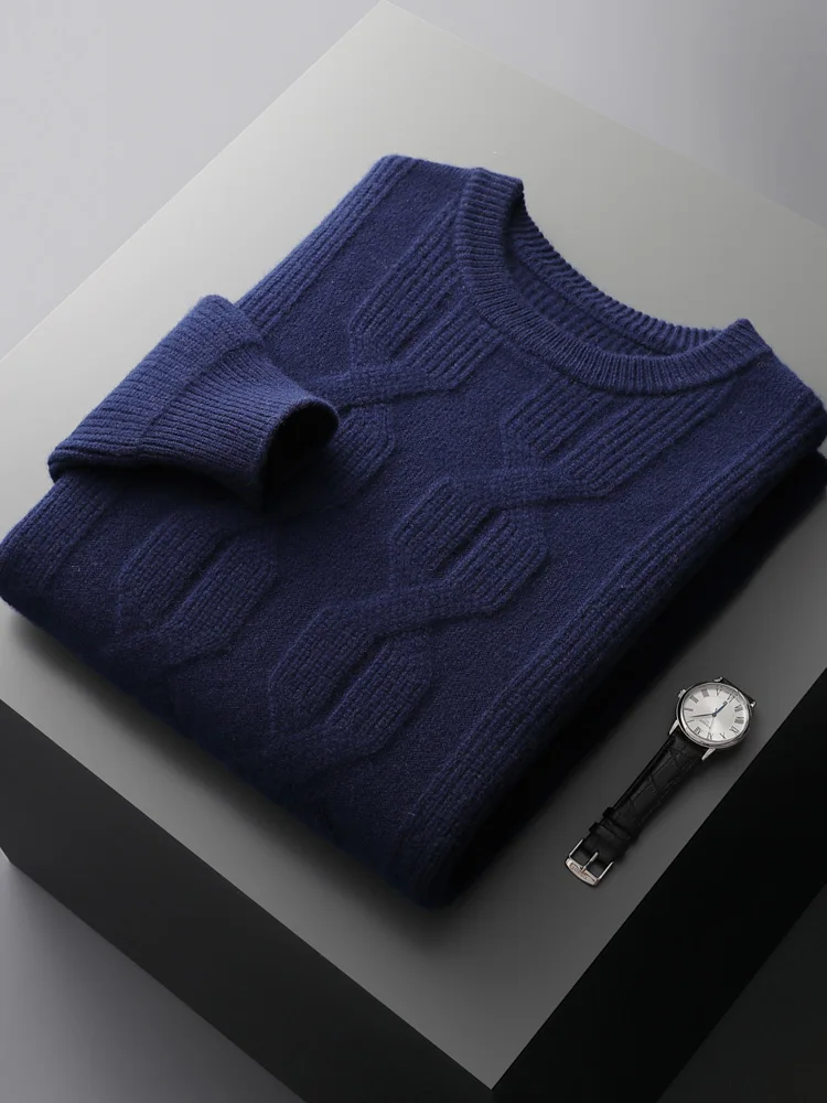 Трендовый осенне-зимний мужской свитер, пуловер из 100% мериносовой шерсти, вязаный, умный, повседневный, с круглым вырезом, с закрученным цветком, одежда в стиле ретро