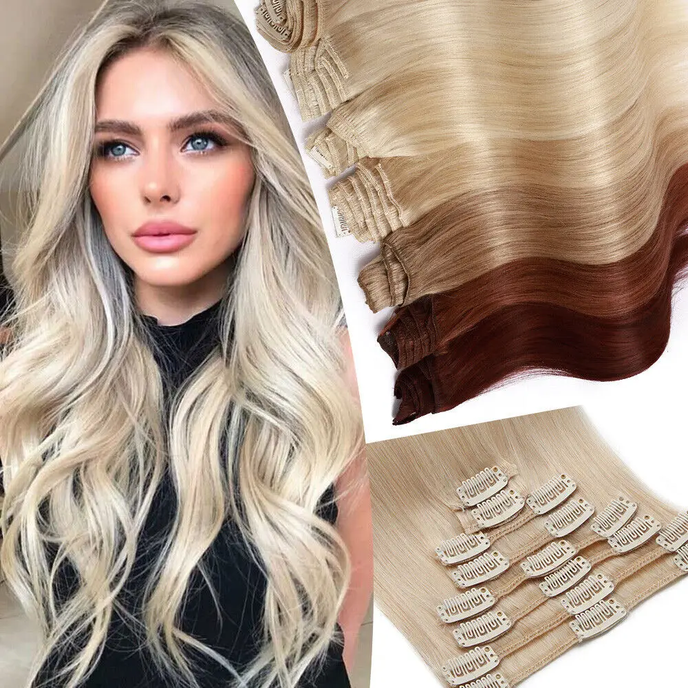 Clip-in haarextensies Steil haar Blonde extensions van echt haar Clip-ins Platinablond Clip-on haarextensies voor dames