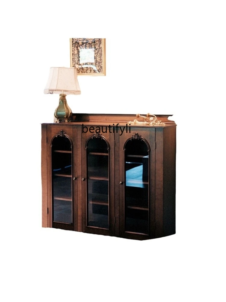 

Mid-Ancient Chest of Drawers Solid Wood Carved Storage Cabinet Living Room Arch Glass Storage Sideboard Cabinet