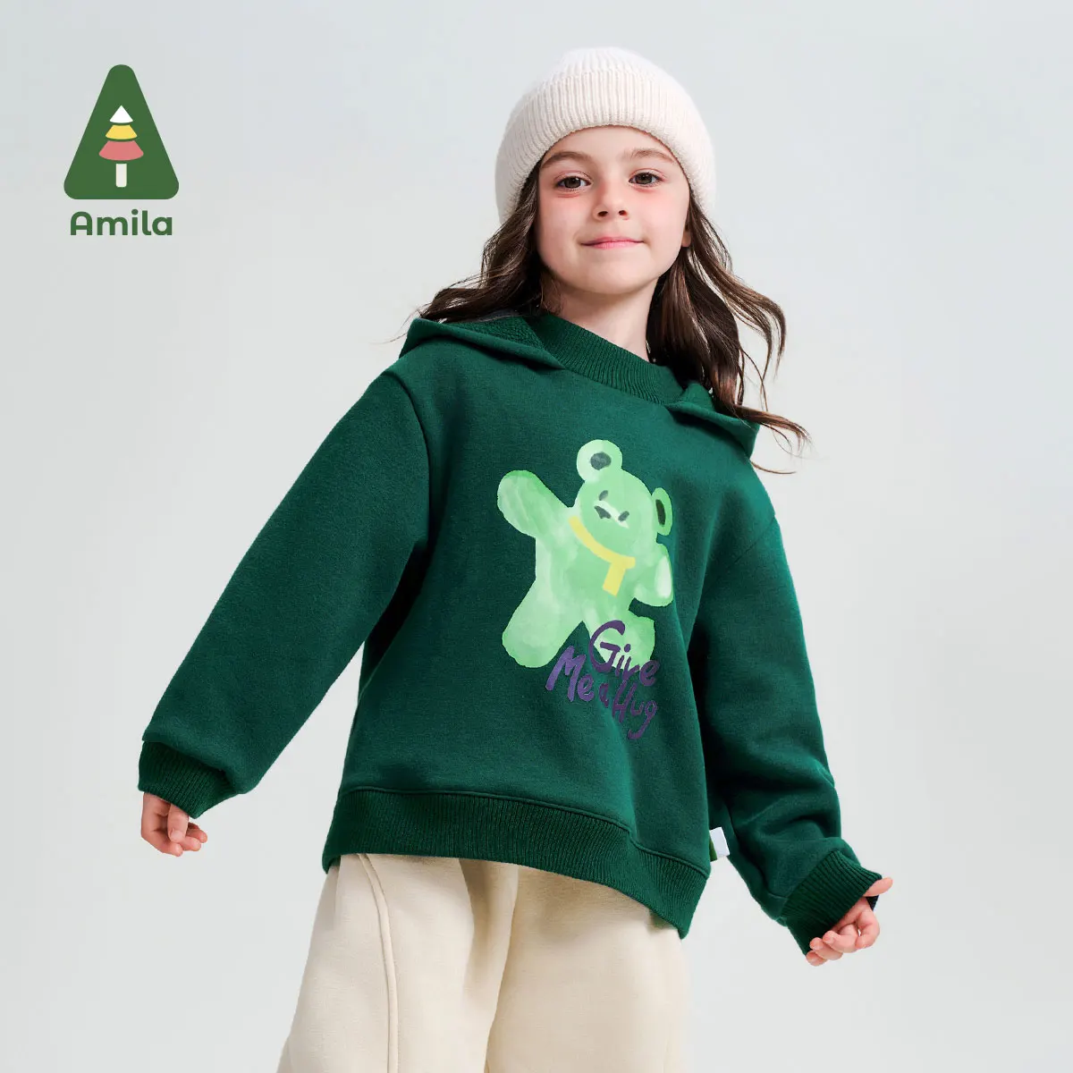 Amila Baby Sweatshirt 2024 Winter New Cartoon Girls Bear Warm Polar Fleece Soft Skin-Friendly Casual Loose Children's Pullover