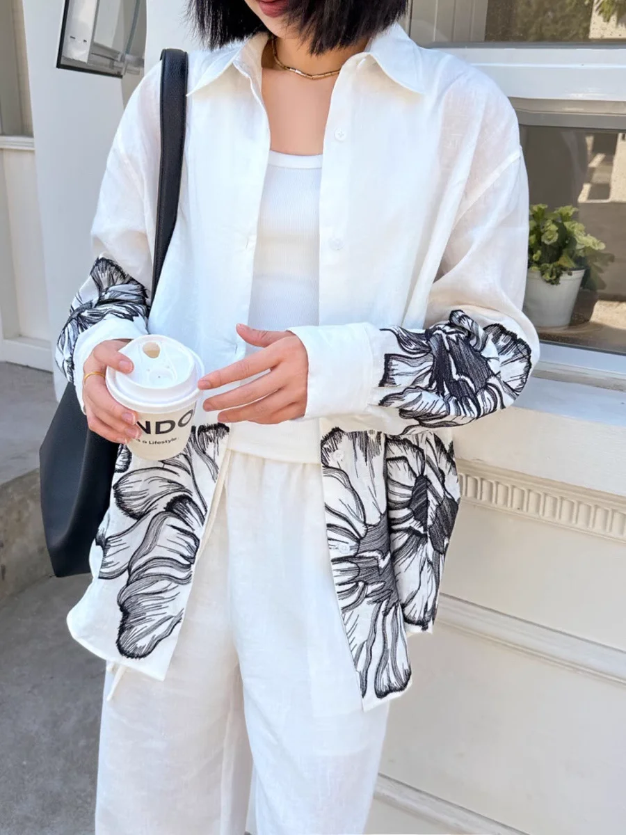 

2025 New Women Loose Set Ink Flower Embroidery Long Sleeve 100% Linen Blouse + Elastic Waist Wide Leg Pants Suit