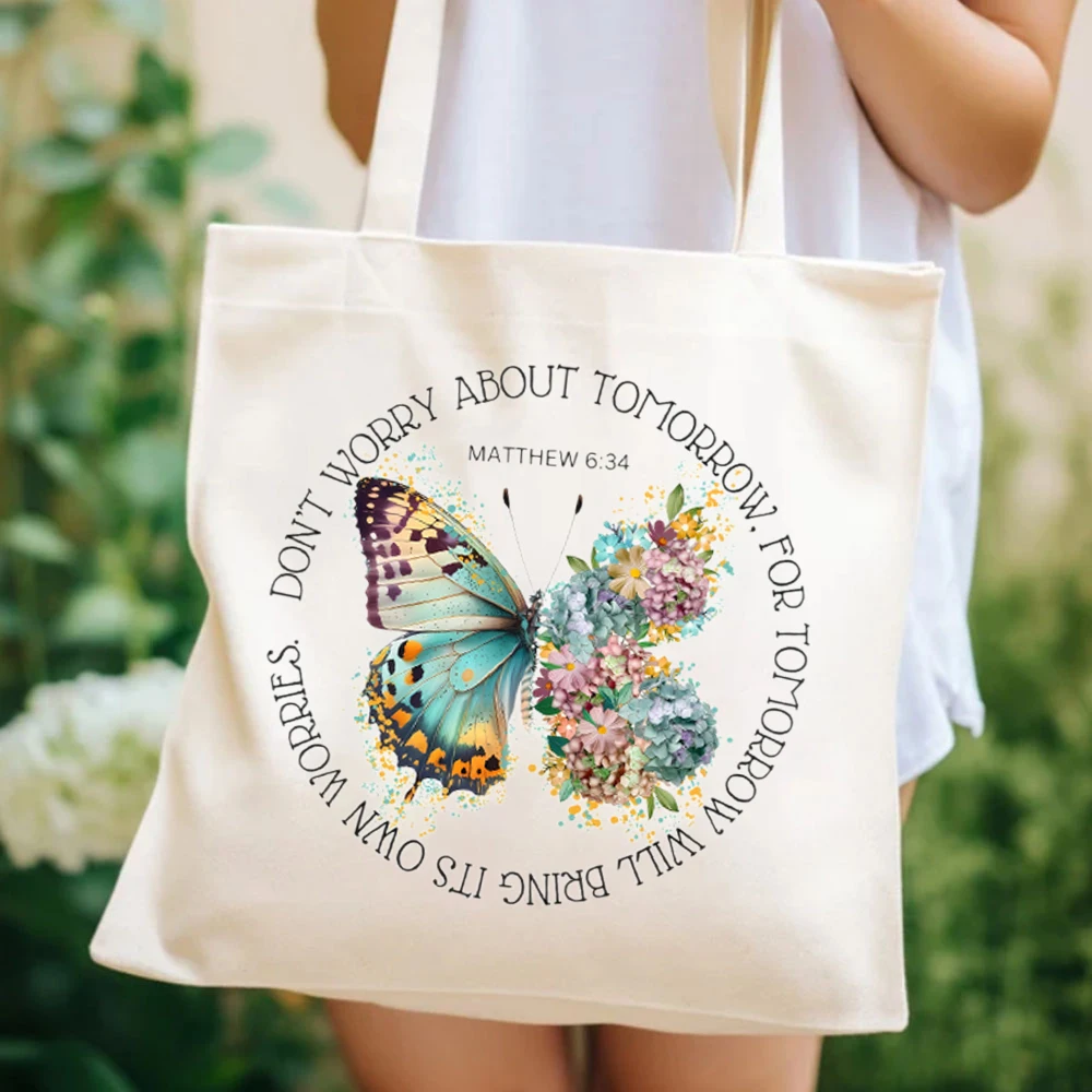 Don't Worry About Tomorrow-Sac à main en toile pour femme, papillon Boho, infirmière, enseignant, sac fourre-tout, sac d'étude de la Bible, cadeau pour la mère, sac d'épicerie