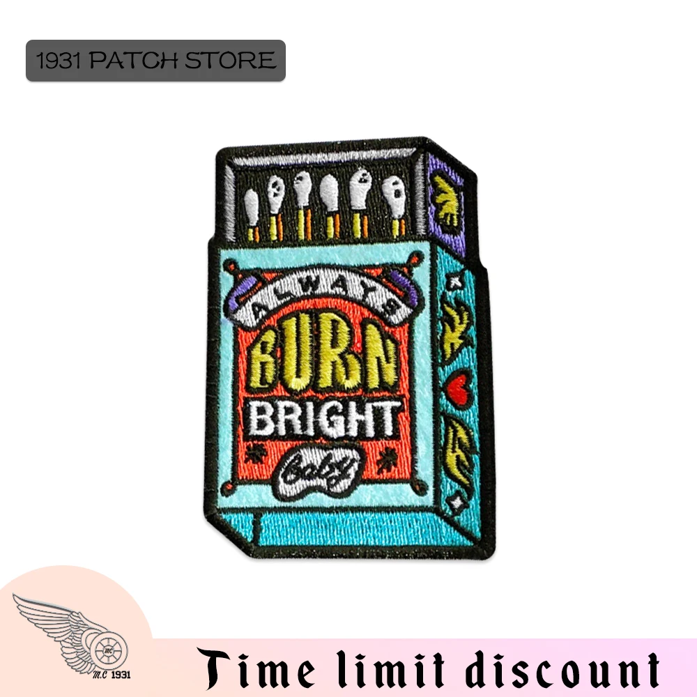 A Box of Matches Embroidered Patches Iron on Patches Apparel Accessories Matchbox Embroidery Always Burn Bright Corlorful Cute