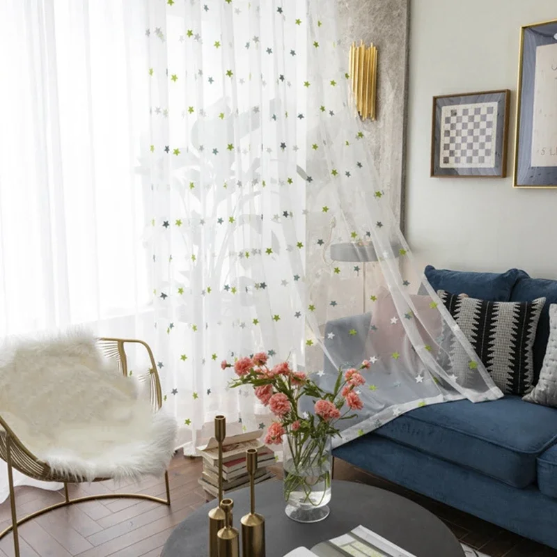 3D Green Stars Voile Curtains For Kids Girs Bedoom Window Sweet White Tulle Curtain in Living room Birthday party decor M065D3