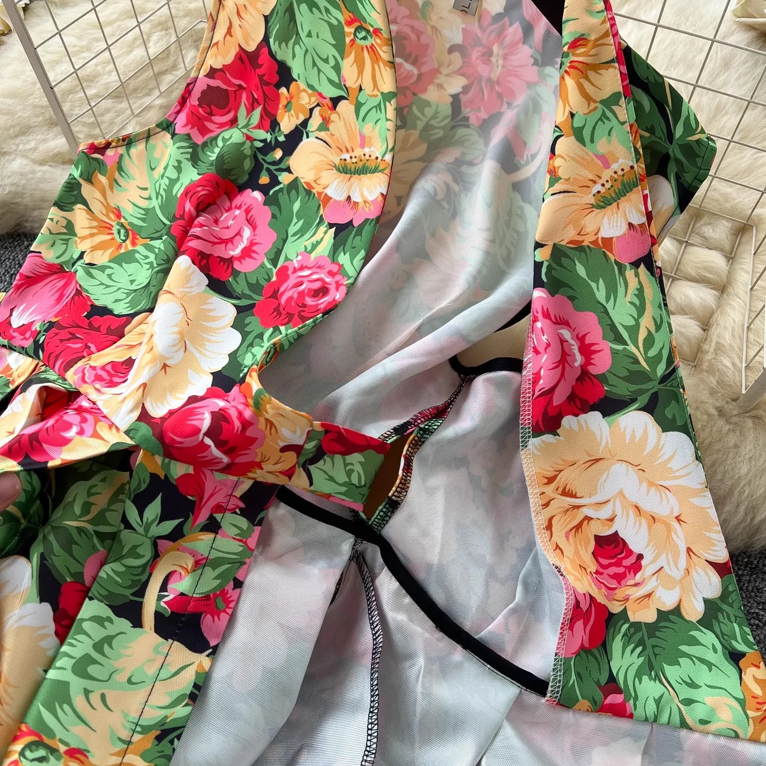 Vintage Floral Bandage Lace Up Wrap Dress Women's Sleeveless Cross V Neck Thick Stain Flower Print Pocket Boho Party Clothes