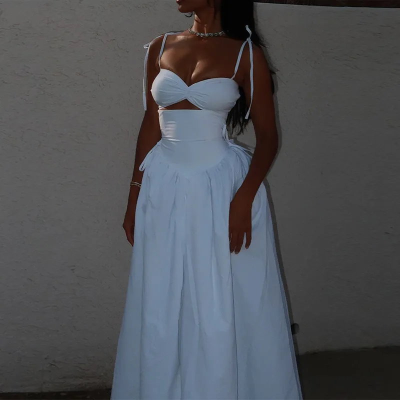 Elegantes, solides Bikini-A-Linien-Sling-Kleid für Damen, rückenfrei, ärmellos, aushöhlen, mit Schleife, Rüschen, Patchwork-Robe, 2025, neue Partykleider – Detail 8