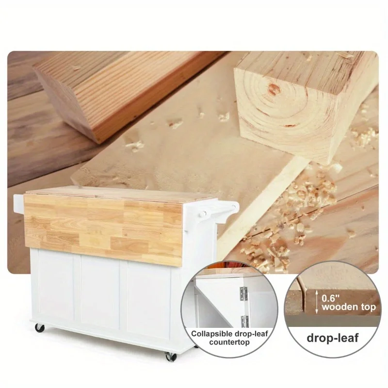 عربة جزيرة المطبخ المتنقلة من EROMMY مع سطح خشبي وأرفف قابلة للتعديل وأدراج تخزين وعجلات قفل، باللون الأبيض