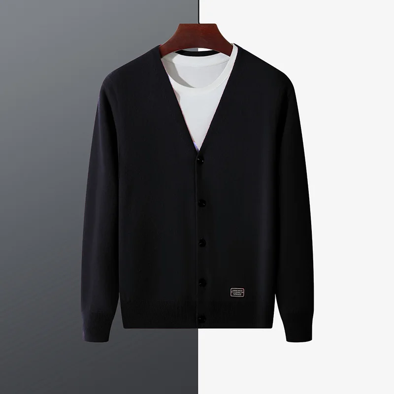 الخريف والشتاء بلون طويلة الأكمام سترة 100% الصوف الخالص الخامس الرقبة الأعمال عادية الرجال سترة الكشمير المعنقة #6