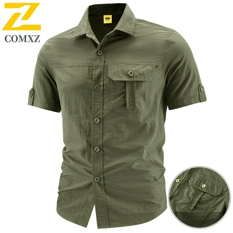 comxz-2026-半袖シャツ-メンズ-夏-釣り-レトロ-高弾性-快適-無地-ワークトップ-デイリー-カジュアル-カーゴシャツ