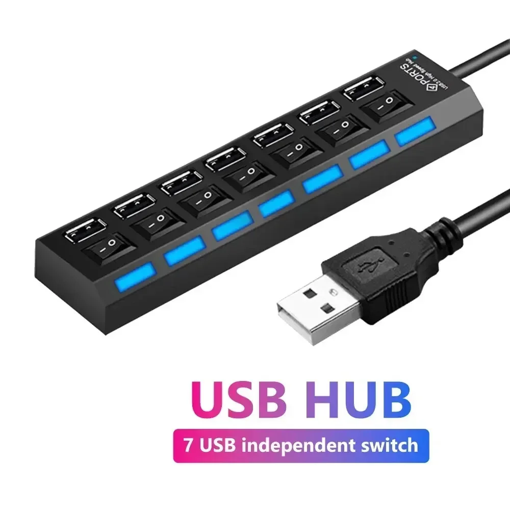 가정용 멀티 USB 분배기 포트 허브, 전원 어댑터 사용, 멀티 확장기 허브, 스위치 포함, 30cm 케이블, 4 포트, 7 포트, USB 2.0 허브