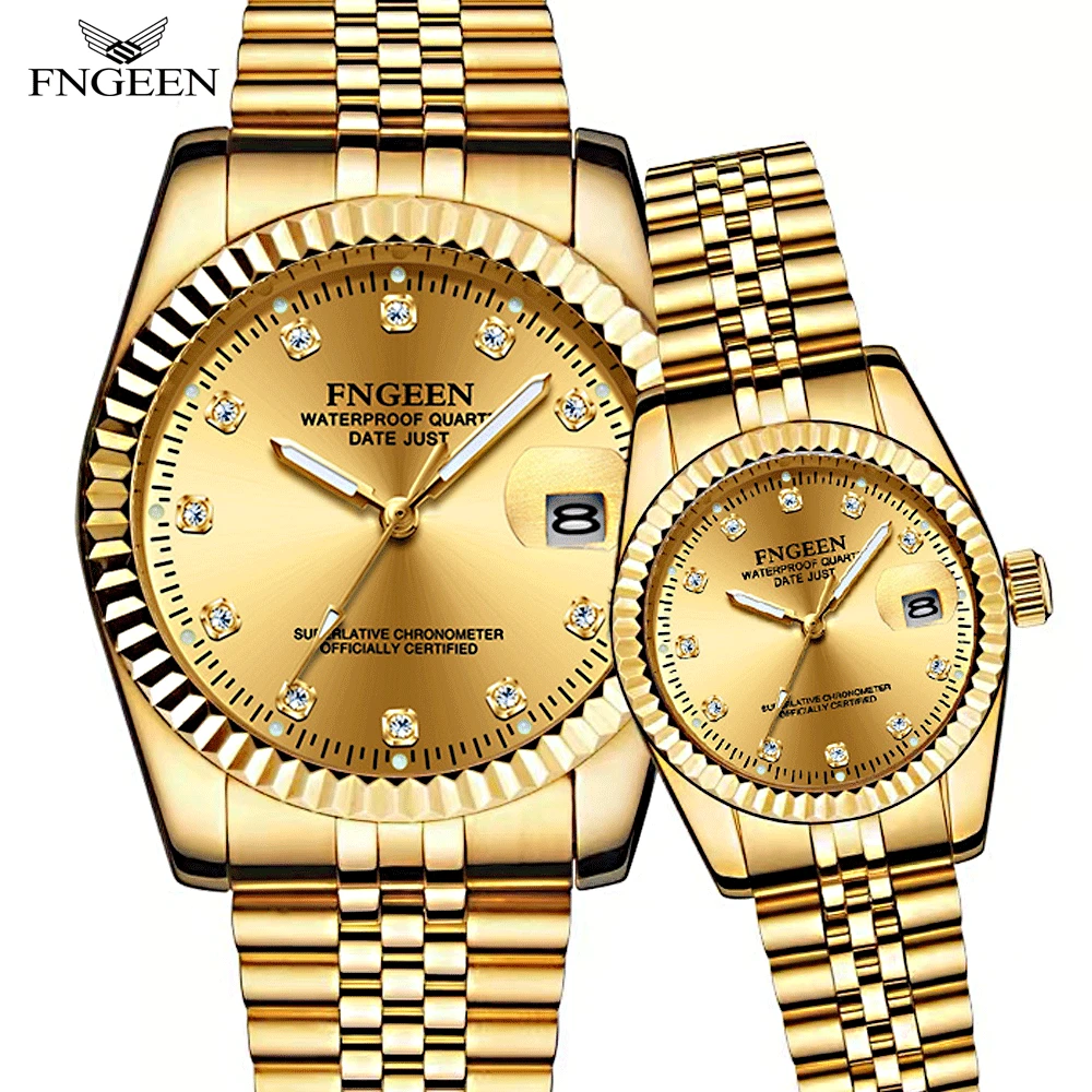 Fngeen Koppel Luxe Gouden Klok Met Diamanten Vrouwen Kalenderdatum Rond Quartz Waterdichte Horloges Relogio Feminino