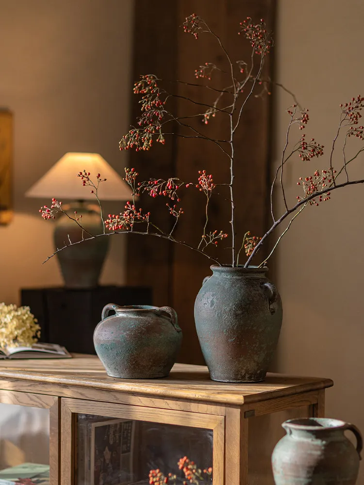 New Chinese ceramic vase, living room flower arrangement ornament, light luxury, high-end art, pottery pot, dining table, dried