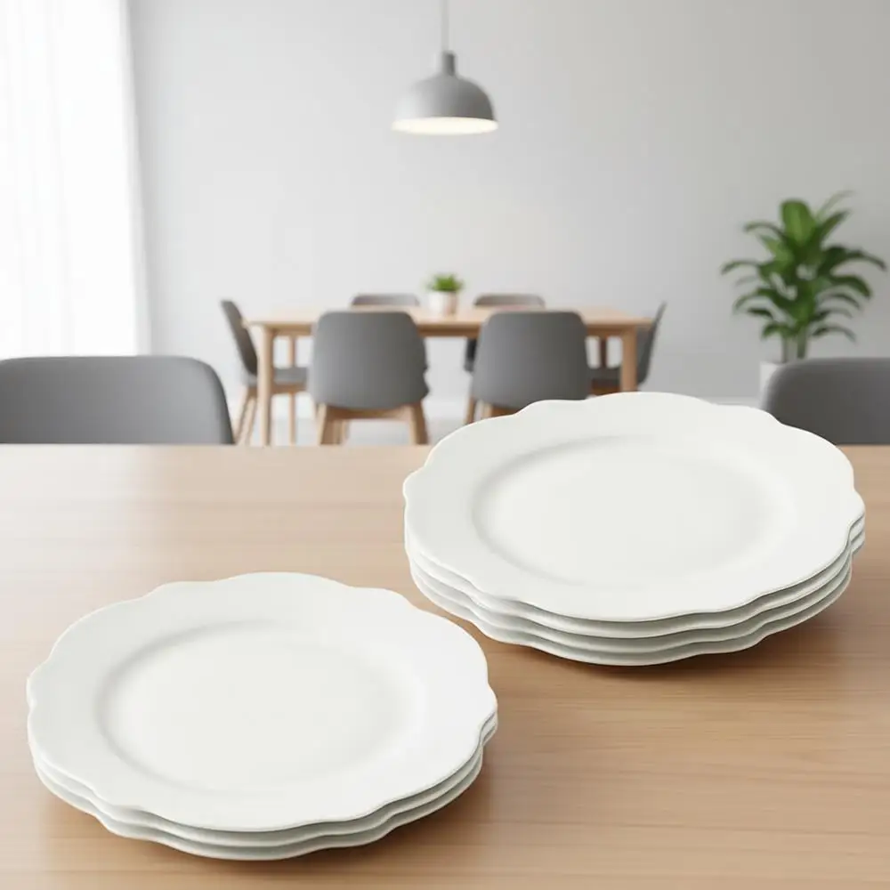 10.5 Inch Porcelain Dinner Plates Set of 8, White Leaf Wave Rim Salad Plates, Serving Plate for Various Dishes, Microwave and Di