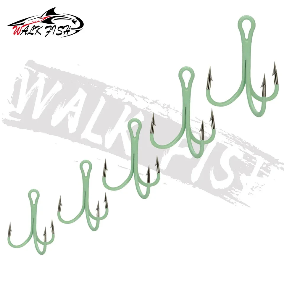 WALK FISH 10PCS/Lot High Carbon Steel Treble Fishing Hook Barbed Fishhooks Luminous Triple Hooks Sea Tackle Accessories