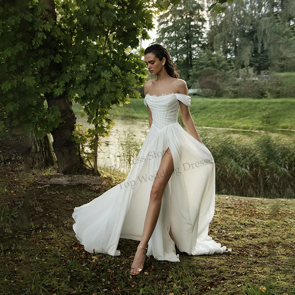 

Chiffon Off Shoulder Wedding Dresses Slit A Line Boho Bride Gowns for Outdoor Elopement Corset Back vestido de novia Customized