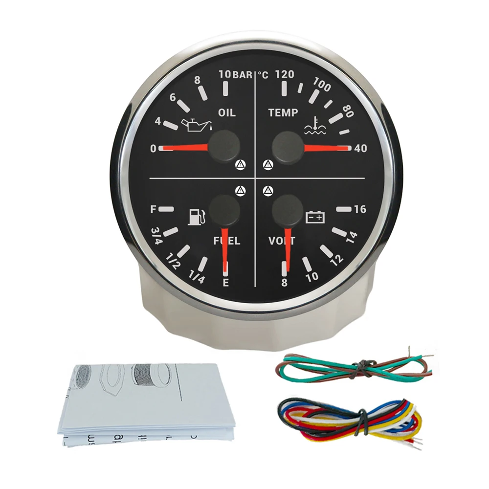 ELING 110mm 4in1 Multi-Function Gauge Oil Pressure 0-10Bar/150PSI Water Temp Fuel Level Voltmeter 8-16V with Alarm for Car RV