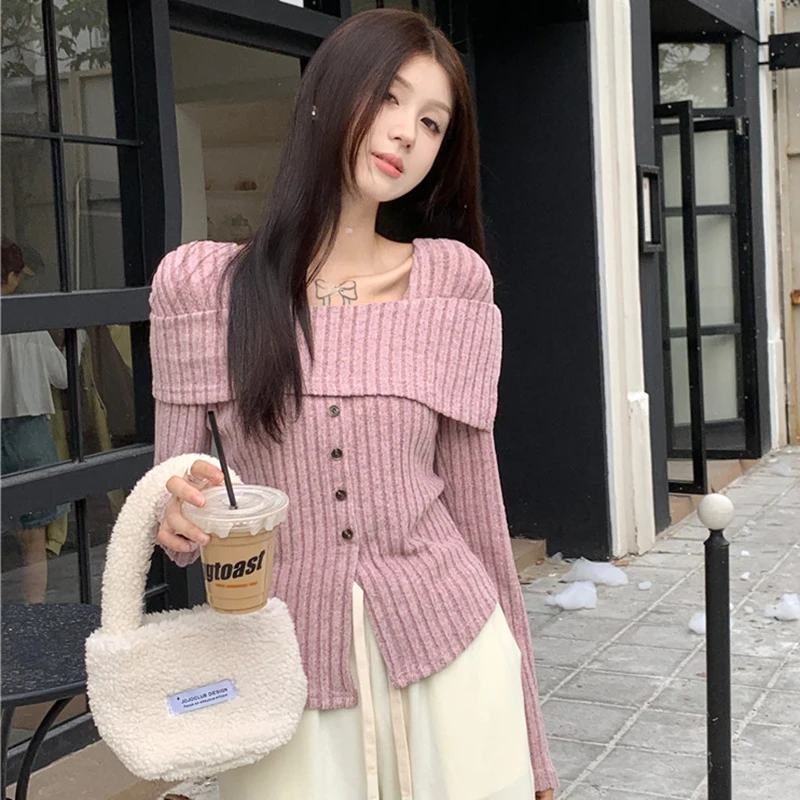 Y2K Pink Women T Shirts Korean Sweet Knitted Long Sleeve Women Casual Tops Autumn New All Match Square Collar Ladies Crop Tops