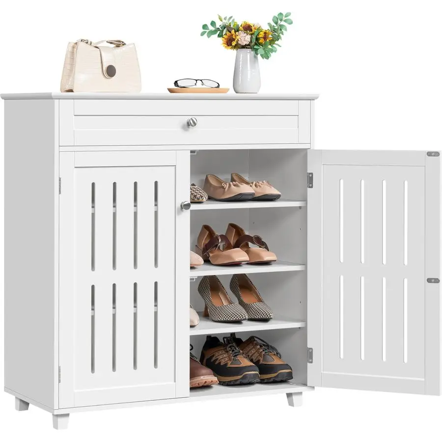 Shoe Cabinet, 4Tier Shoe Storage Cabinet with Drawer amp Adjustable Shelves, Wooden Shoe Rack Organizer with Louvered Doors for