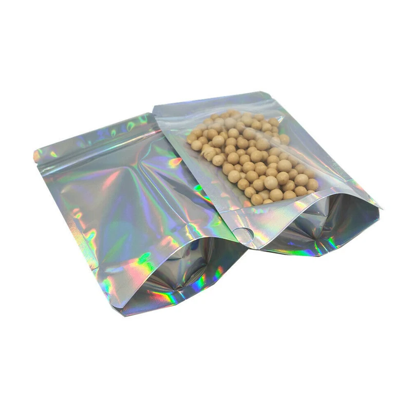 Translucent Laser Aluminum Foil Stand Up Zipper Top Pouches Doypack Clear Front Holographic Mylar Zip Lock Packaging Bags