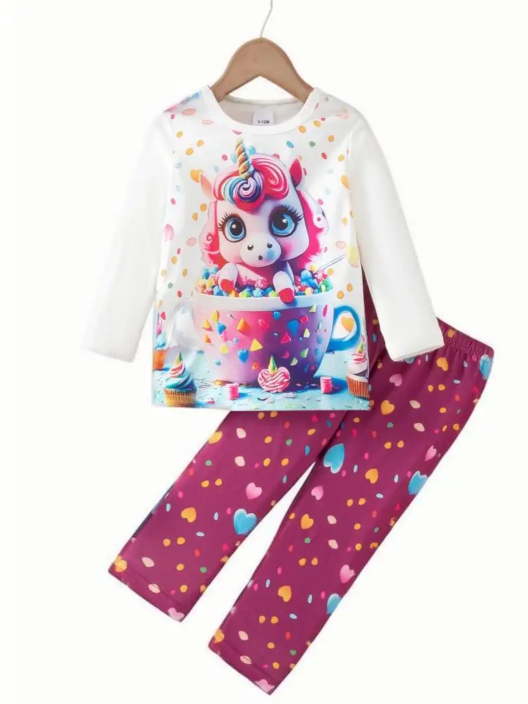 

2024 Новый корейский мультфильм Единорог Печатный Топ с длинным рукавом с любовью прямые ноги повседневные брюки комплект