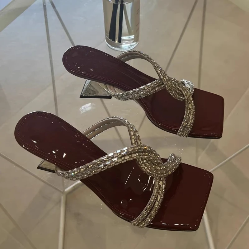 Zapatillas De moda para Mujer, zapatos De Mujer con punta cuadrada y diamantes De imitación De estilo extraño, vestido De ocio, Zapatillas De Mujer De estilo coreano De verano