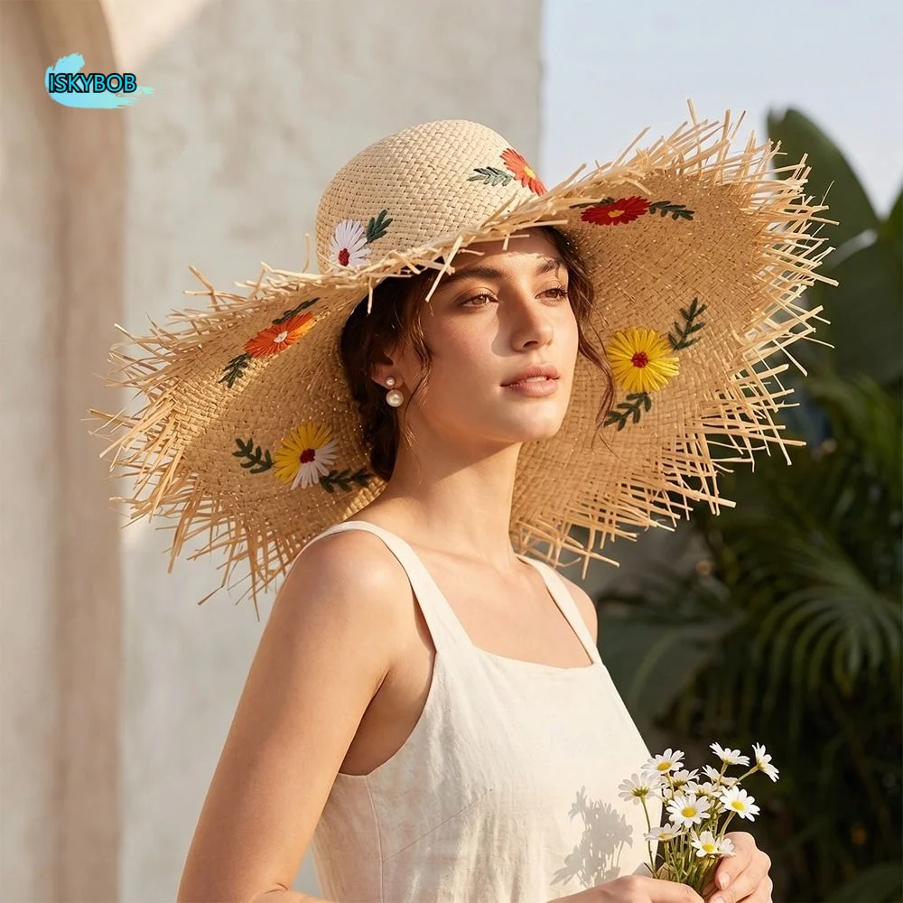 

Удобная в носке соломенная шляпа в стиле бохо из рафии с широкими полями, складная, с вышивкой цветов, дышащая, для активного отдыха