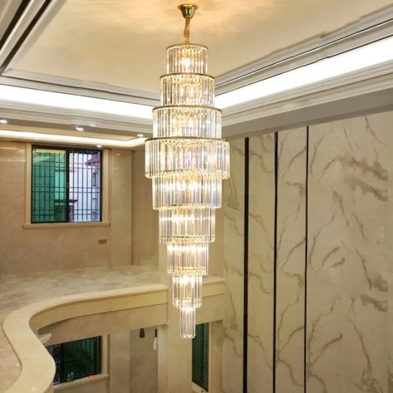Duplex floor living room crystal chandelier modern spiral staircase lamp gold