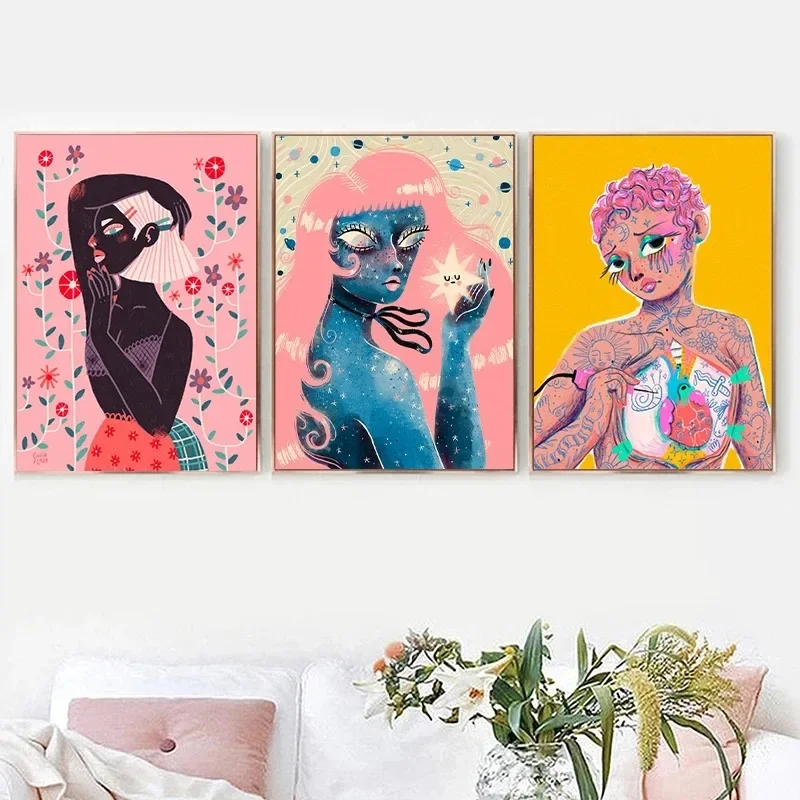Canvas Painting Colorful Cute Demon Black Magic and Bat Little WitchMoth Spirit Rainbow Magic Art Poster Prints Room Home Decor
