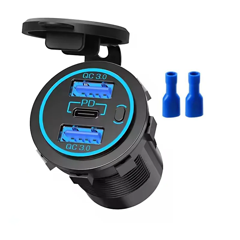 

3-портовое быстрое зарядное устройство 12В-24В с двумя разъемами USB-A QC3.0 и USB-C PD30W с выключателем питания для морского транспорта/автомобилей/лодок/автодомов