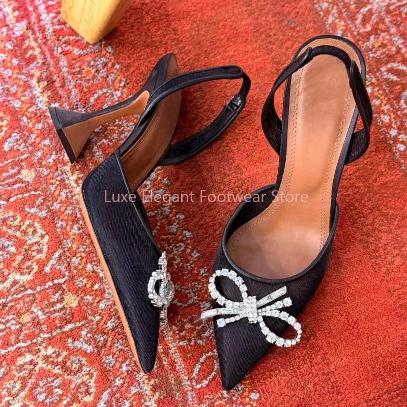 

Black Satin Crystal Bow Pointed Toe Hollow High Heels Women Rhinestone Solid Slingback Sandals Sweet Elegant Party Ladies Shoes