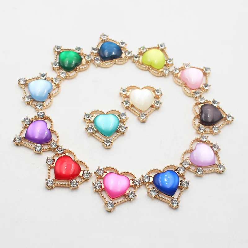 Yeni 10 parça 21mm elmas kalp şeklinde kedi gözü alaşım düz arka düğmeler DIY el yapımı dekoratif düğün aksesuarları