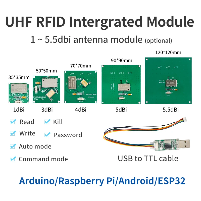 

Small Size 35*35mm UHF RFID 900Mhz EPC G2 6C Integrated 1dBi Antenna All-in-one Tag Label Reader Module