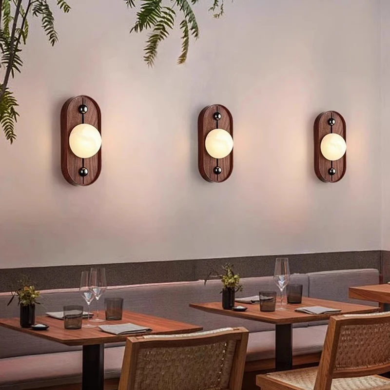 White Stone Wall Lights Modern Wood Grain Metal Base Wall Lamp Bedside Hallway Entryway Cafe Hotel Parlor Mood Light