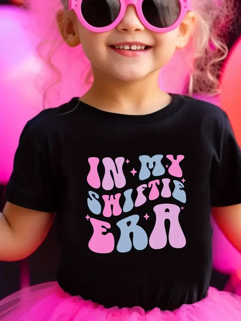 IN MY SWIFTIE ERA Print Crew Neck Short Sleeve T-shirt, Girls Kids Casual Tops for Spring Summer Autumn