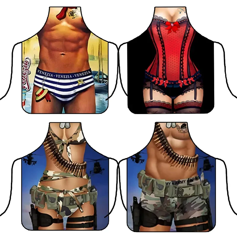 1pcs Sexy Funny Kitchen Apron Women Muscle Man Pattern Creative Waterproof Interesting Festival Party BBQ Couples Home Apron