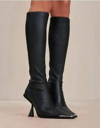 

New Women Black Matte Leather Metal Pointed Toe Strange Heels Slim Knee High Boots Ladies High Heel Stretch Long Boots Autumn