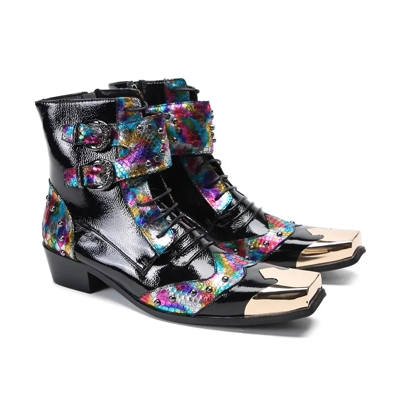 Men's Square Iron Toe Colorful Cow Leather Rivet Boots Classic Patent Leather Men Shoes Genuine Leather British Style Botas