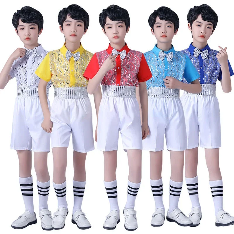 Children's Sequins Set Performance Clothing Boys Summer Set Chorus Stage Performance Clothing Performance Clothing sequin outfit