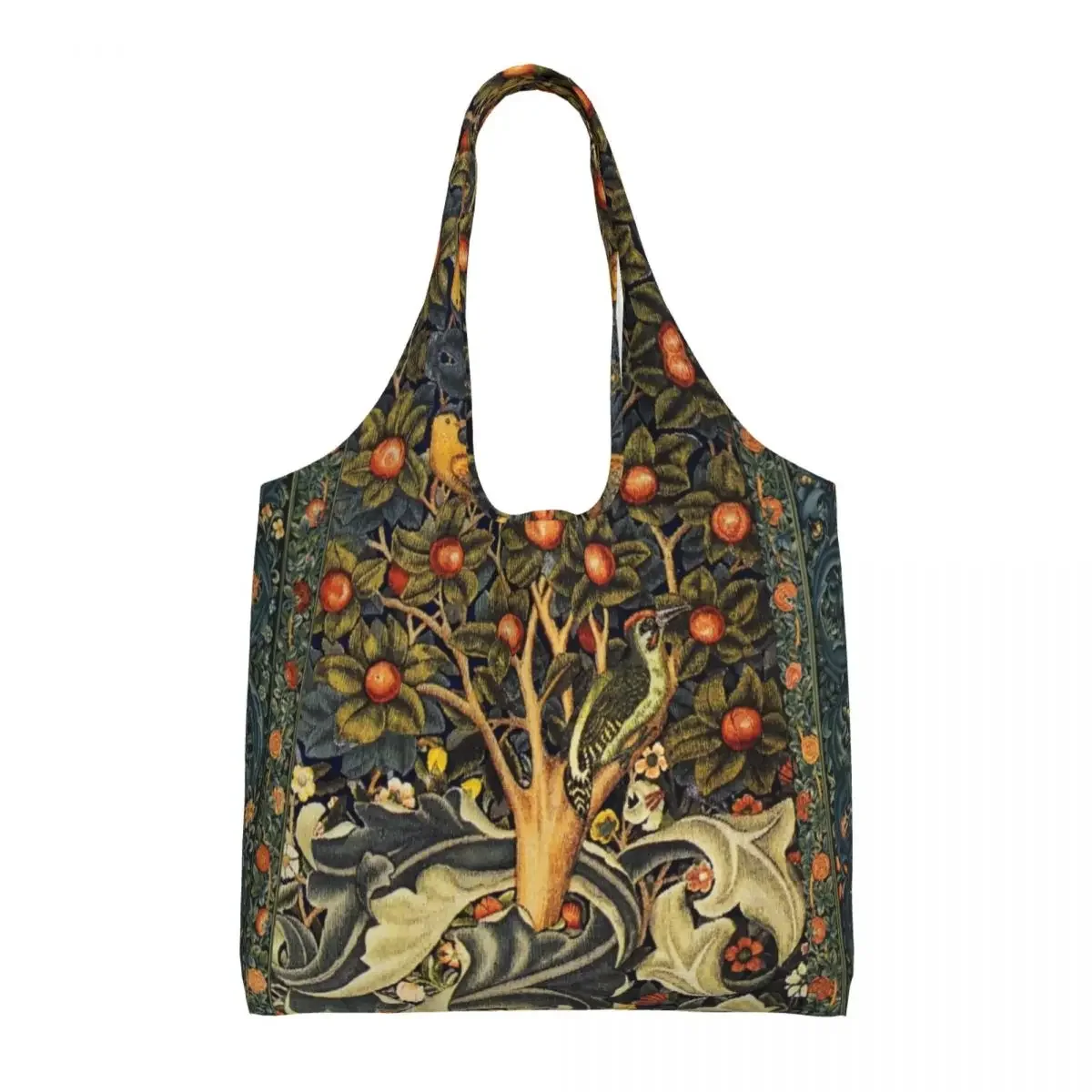 William Morris Woodpecker In Fruit Tree Shopping Tote Bag Reusable Birds Rabbits Floral Canvas Groceries Shopper Shoulder Bag