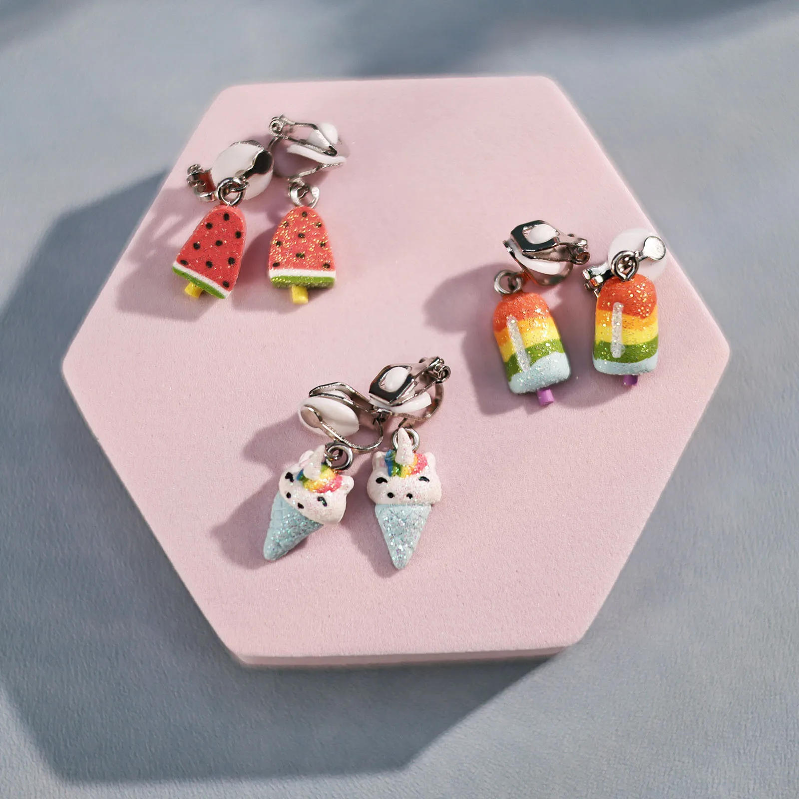 3 Pairs Adorable Clay Dessert & Fruit Clip on Earrings - Handmade Watermelon, Ice Cream, Unicorn Cone Shapes - Creative, Cute De