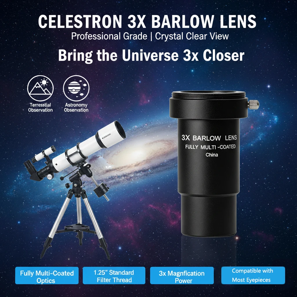 Lente Barlow 3X, 1.25 Pulgadas, Lente Barlow Metálica con Recubrimiento Múltiple Completo, Interfaz de Conexión de Cámara con Rosca M42 para Ocular de Telescopio