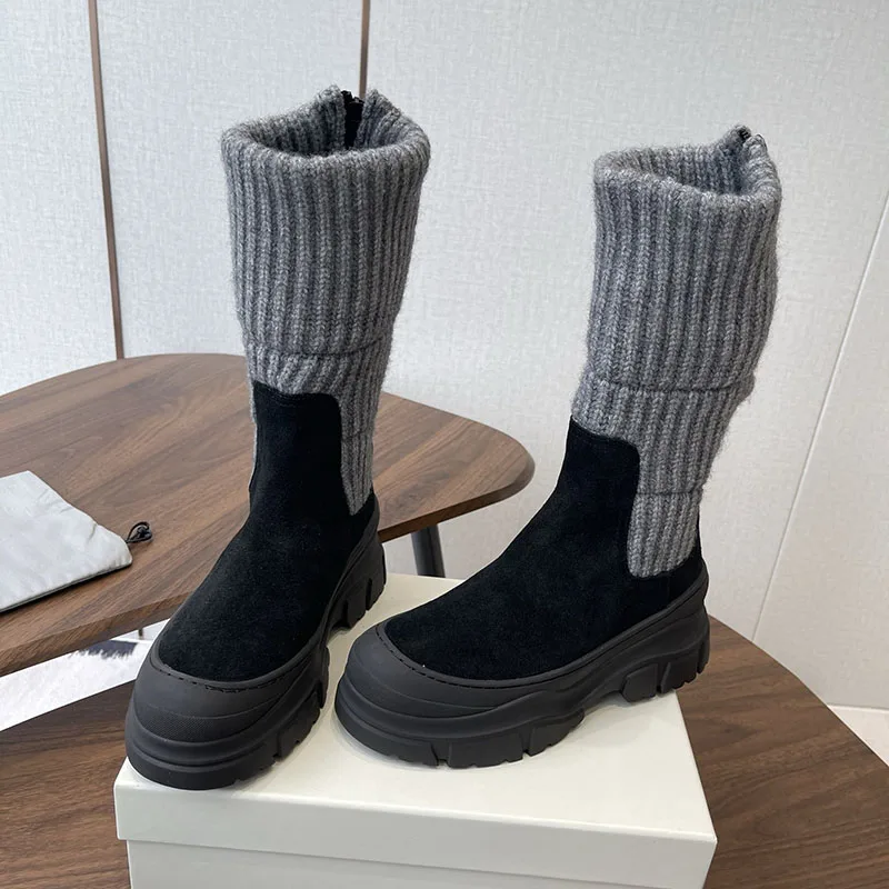 Mid Calf Boots Flat Thick Sole Knitted Socks Boots Women Suede Round Toe Patchwork Short Boots Winter Snow Boots Platform Shoes