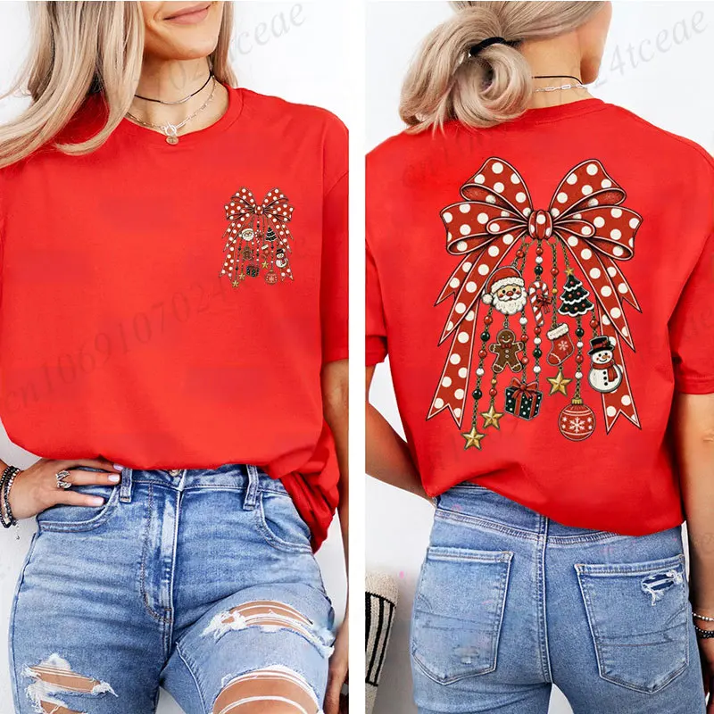 Weihnachts-T-Shirt mit Front- und Rückendruck, Polka-Dot-Schleife, Weihnachtsanhänger, Grafik-T-Shirt, Weihnachtsmann, Schneemann, Lebkuchenmann, Weihnachtsfeiertags-T-Shirts – Detail 4