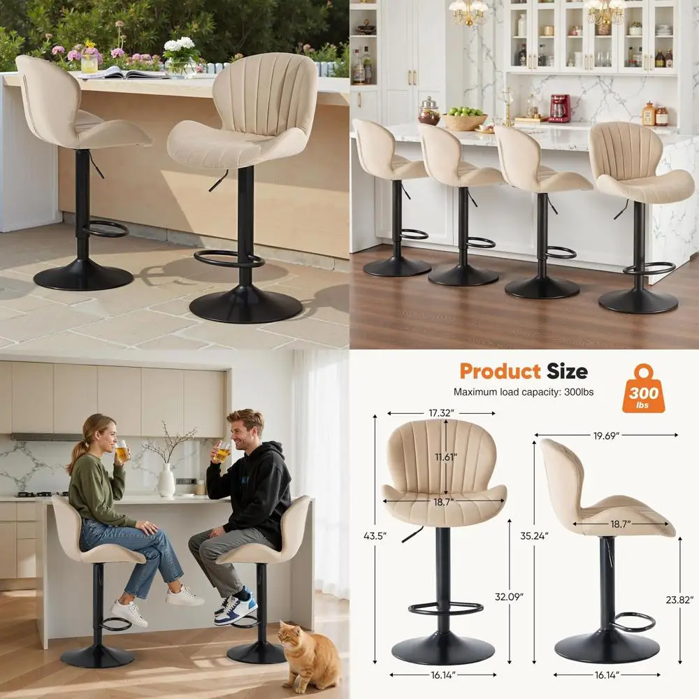 

Set of 4 Swivel Upholstered Bar Stools, Adjustable Counter Height with Backrest, Beige for Kitchen Island or Dining Room
